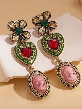 Floral Heart Drop Earrings with Green, Red and Pink Accents